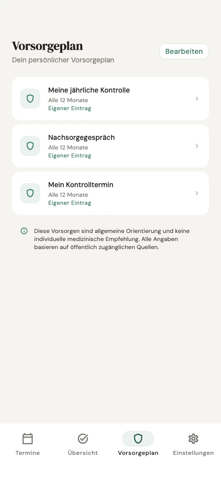 CheckUp-Buddy: persönlicher Vorsorgeplan mit ausgewählten Beispielvorsorgen