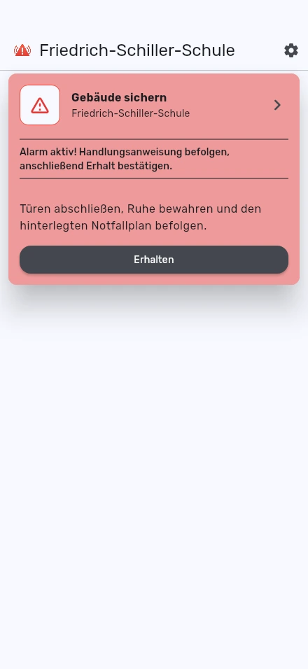 NOKO App: aktiver Beispielalarm mit Handlungsanweisung und Rückmeldung